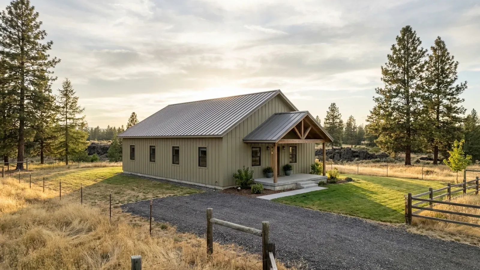 A compact 30x40 barndominium sized like a starter home or cabin, with a covered entry porch and no large shop bay.