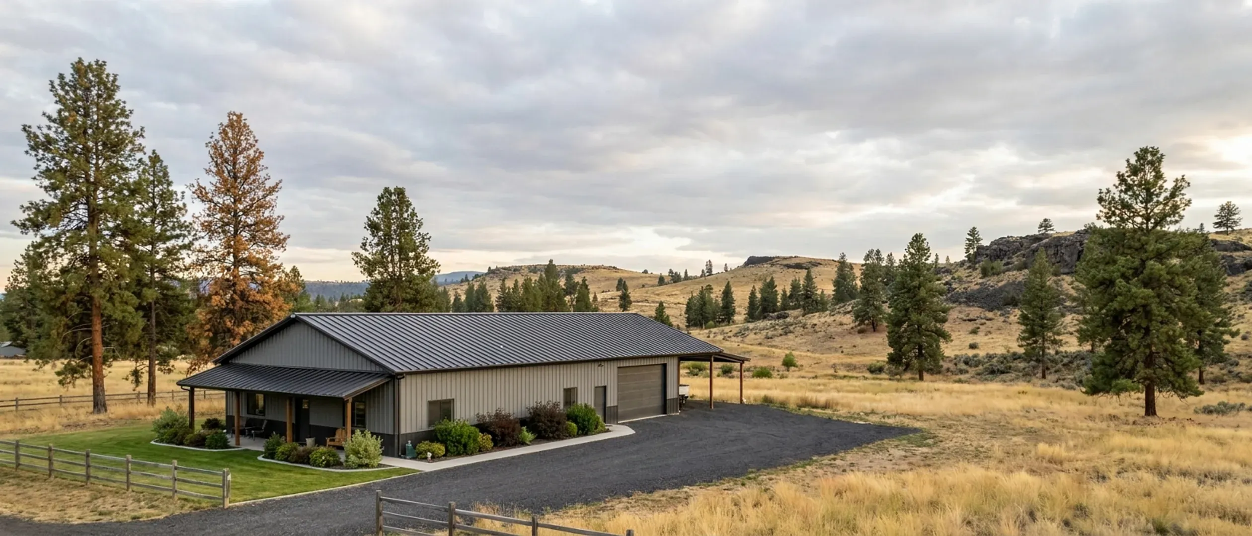 A completed barndominium with a covered entry porch and an attached shop bay, photographed in flat overcast daylight among pines. A completed barndominium with a covered entry porch and an attached shop bay, photographed in flat overcast daylight among pines.