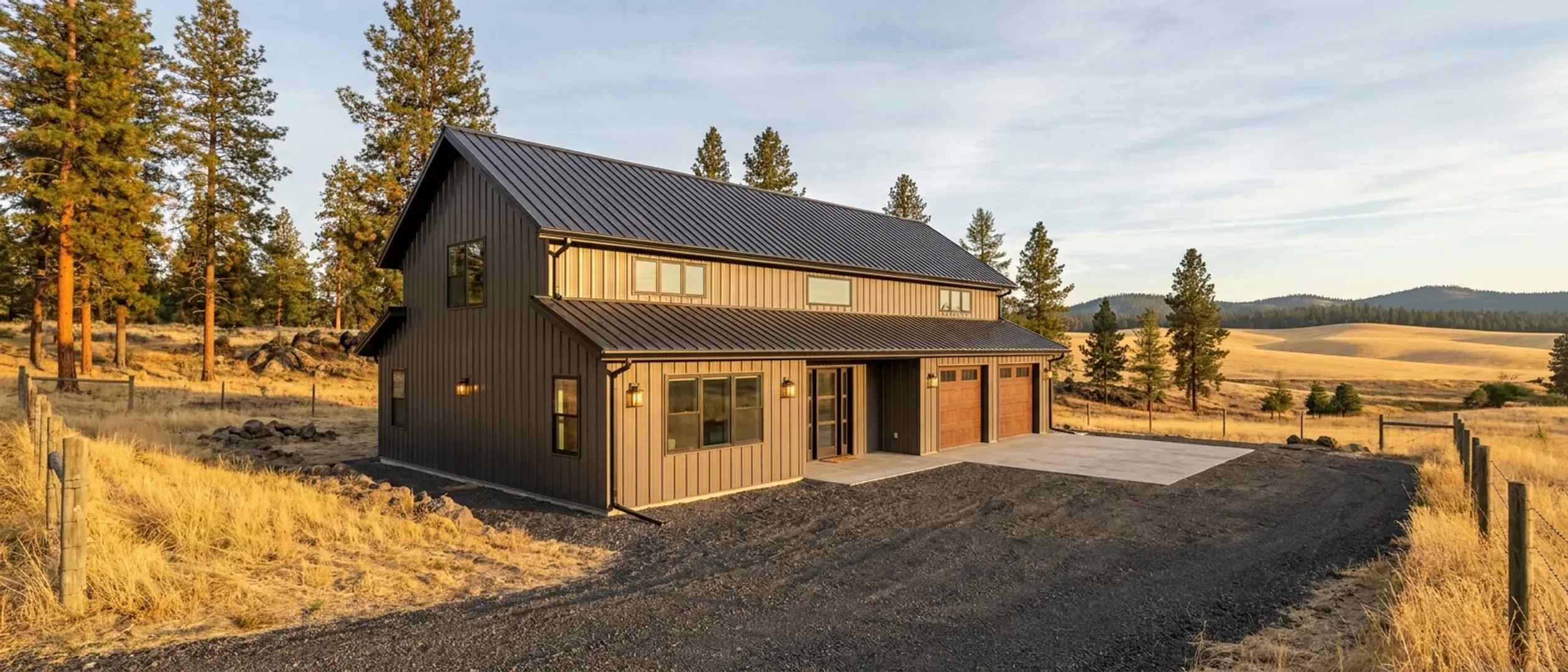 A completed barndominium viewed from a low angle showing its standing seam metal roof, vertical wall panels, gutters and exterior wall lights. A completed barndominium viewed from a low angle showing its standing seam metal roof, vertical wall panels, gutters and exterior wall lights.