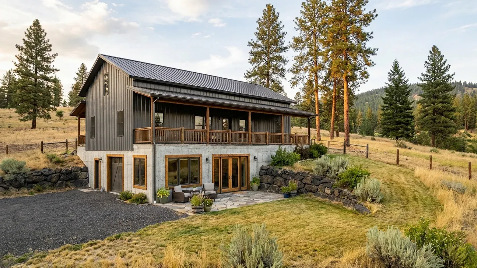 A barndominium with a walkout basement built into a sloping lot, the lower level opening onto a patio at grade, with pines behind.