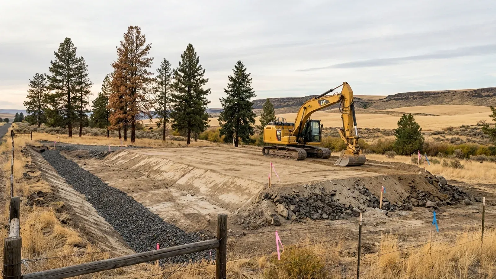 An excavator grading a compacted building pad on a cleared lot, with broken dark rock in the cut face, survey stakes and a drainage swale.