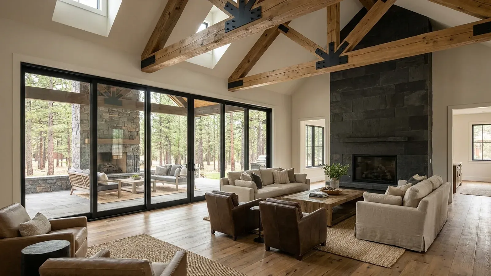 A vaulted barndominium great room with exposed wood trusses, a wall of glazed sliding doors, and a stone-clad fireplace.