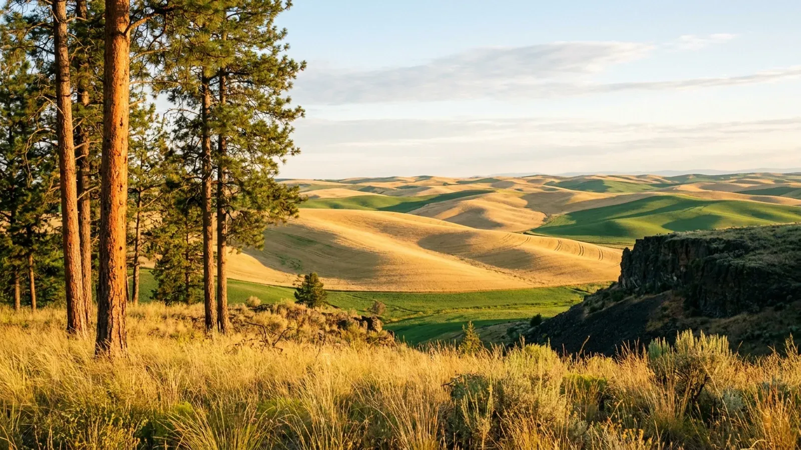 Ponderosa pines on a basalt rise above the rolling Palouse wheat hills of eastern Washington in low evening light.