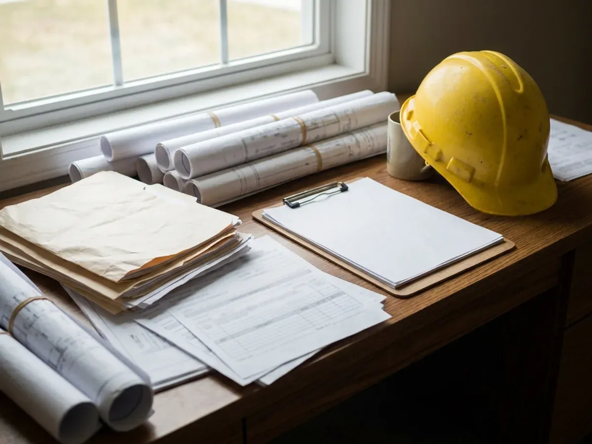 A building permit submittal package on a desk with rolled construction drawings, forms on a clipboard, and a hard hat.