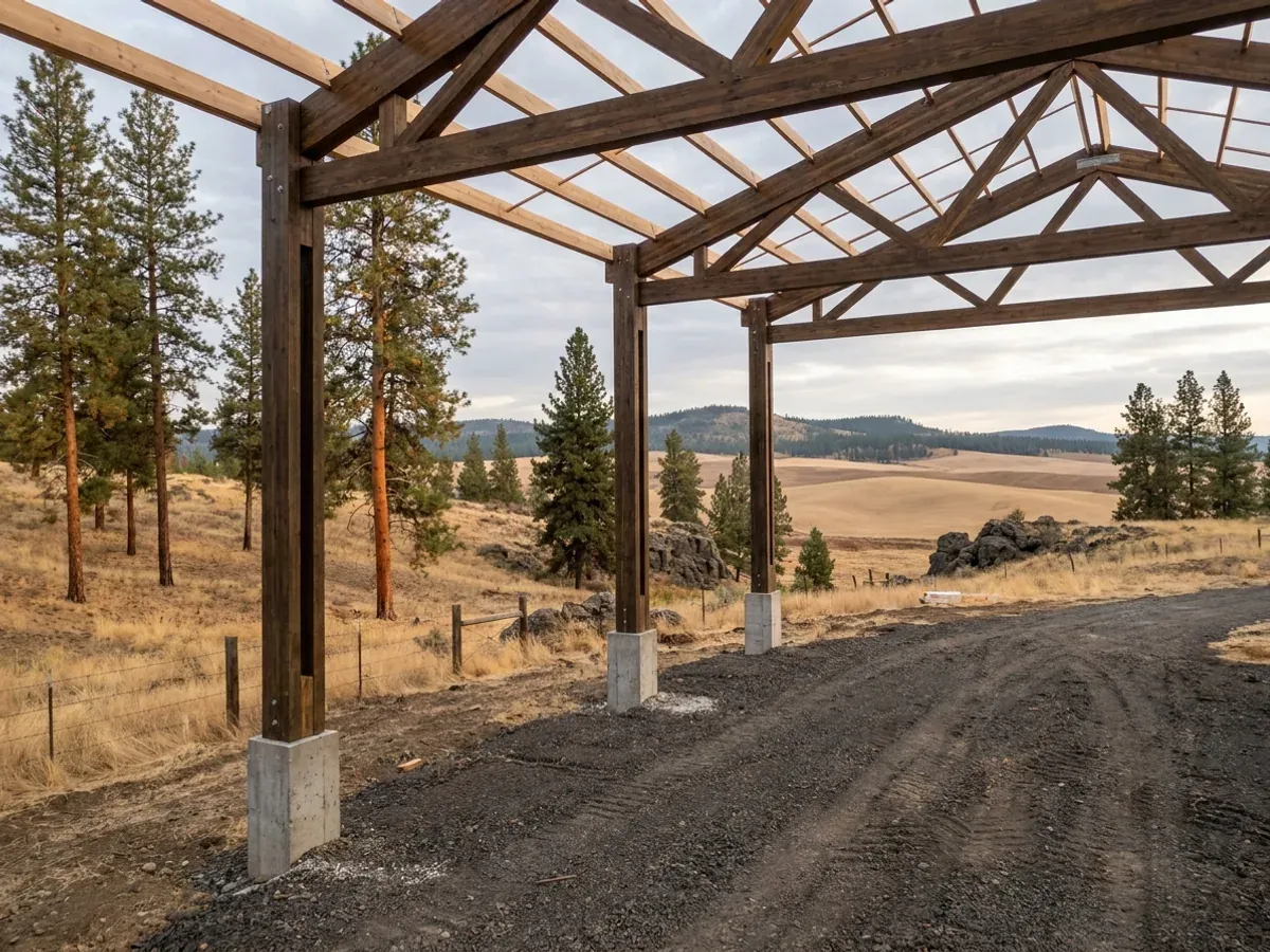 A pole barn home under construction, showing laminated timber columns on concrete piers and wide-span roof trusses with no interior bearing walls.