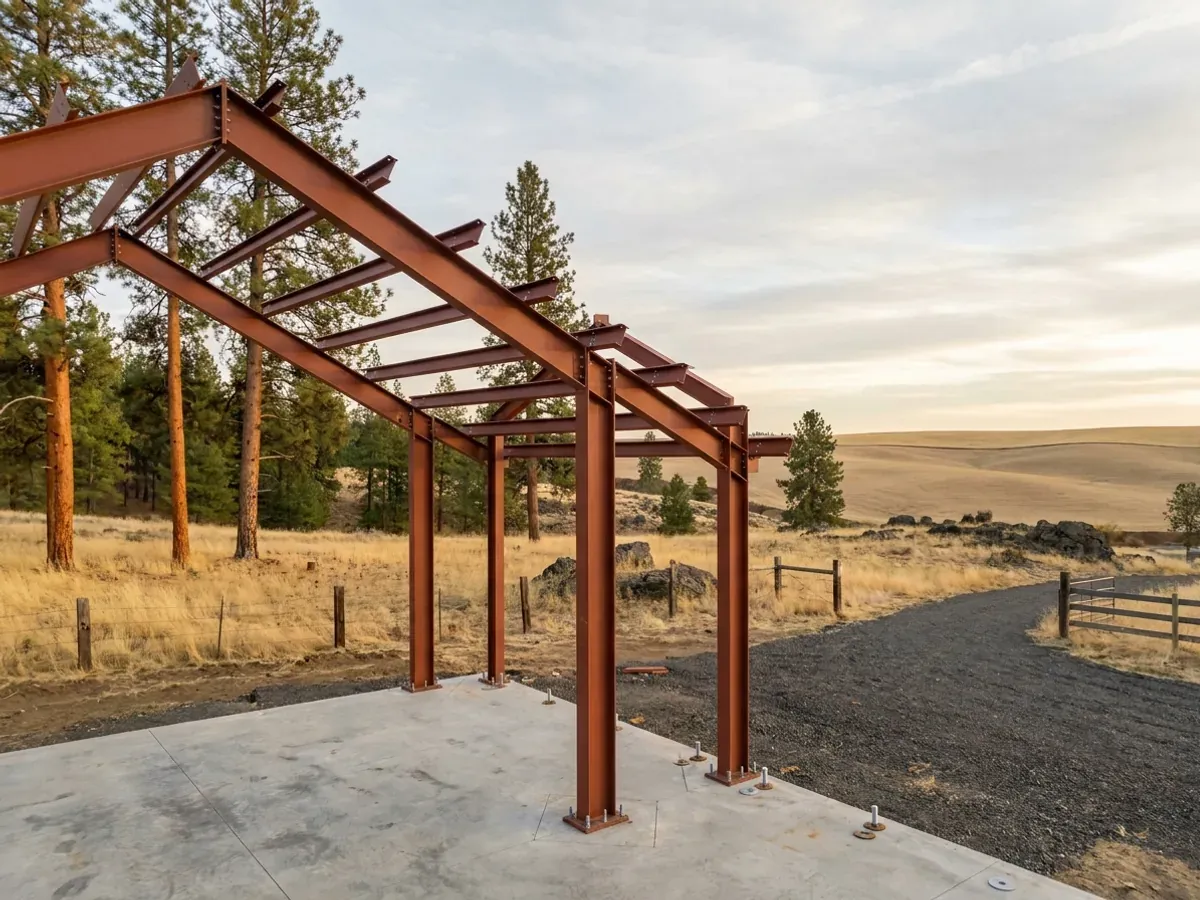 A red oxide primed structural steel frame partly erected on a concrete slab, showing bolted knee joints and anchor bolts.
