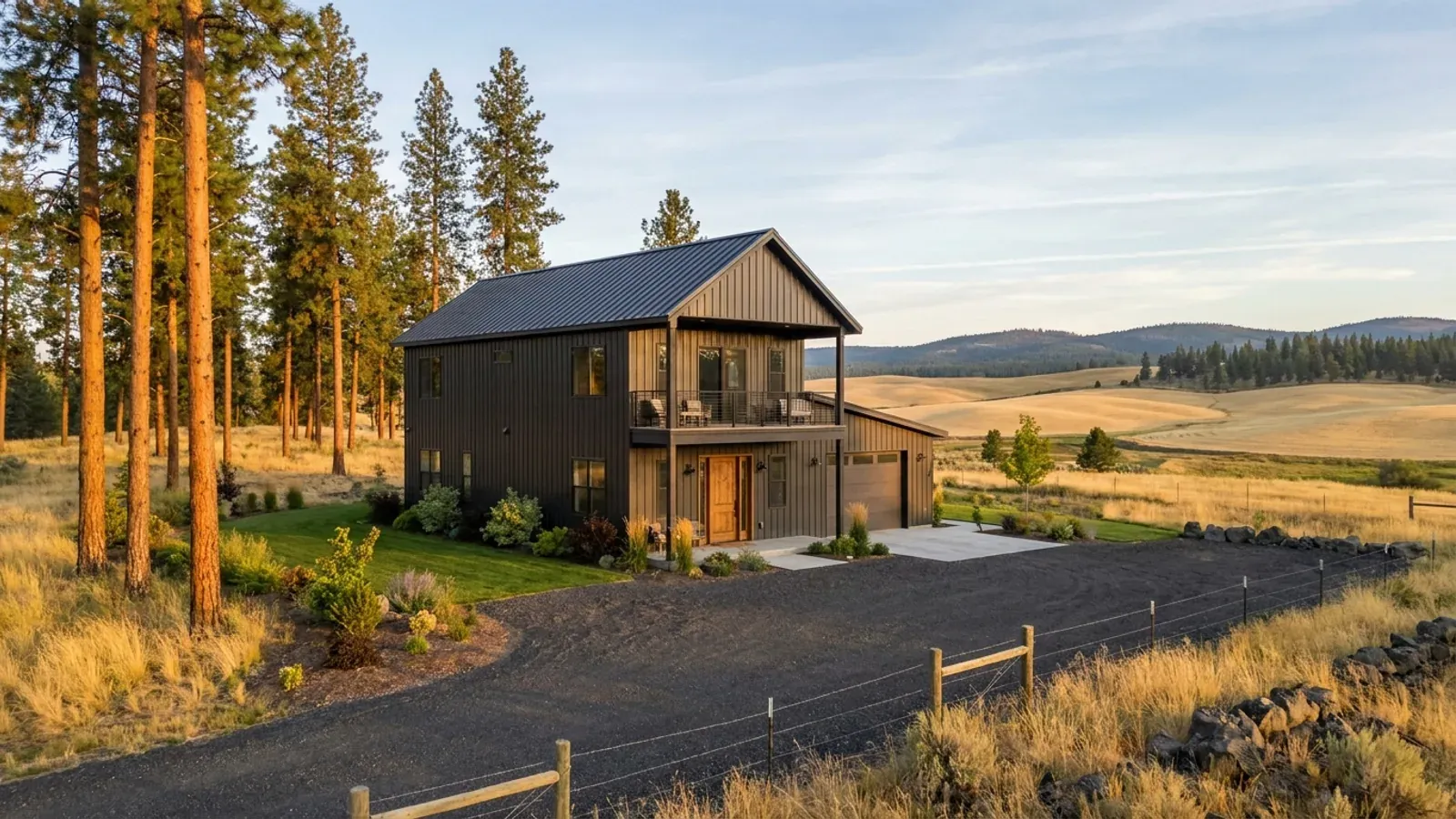 A completed two-story barndominium with visible second-story windows and a small covered balcony above the entry porch.